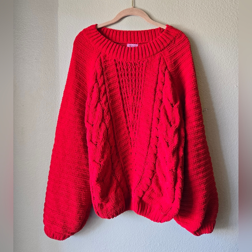 Cozy Red Cable Knit Sweater Mi Ami For Francesca's, Size XL, Balloon Sleeves